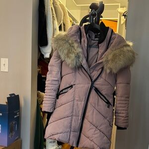 Women's Tan Puffer Jacket with Faux Fur Trim